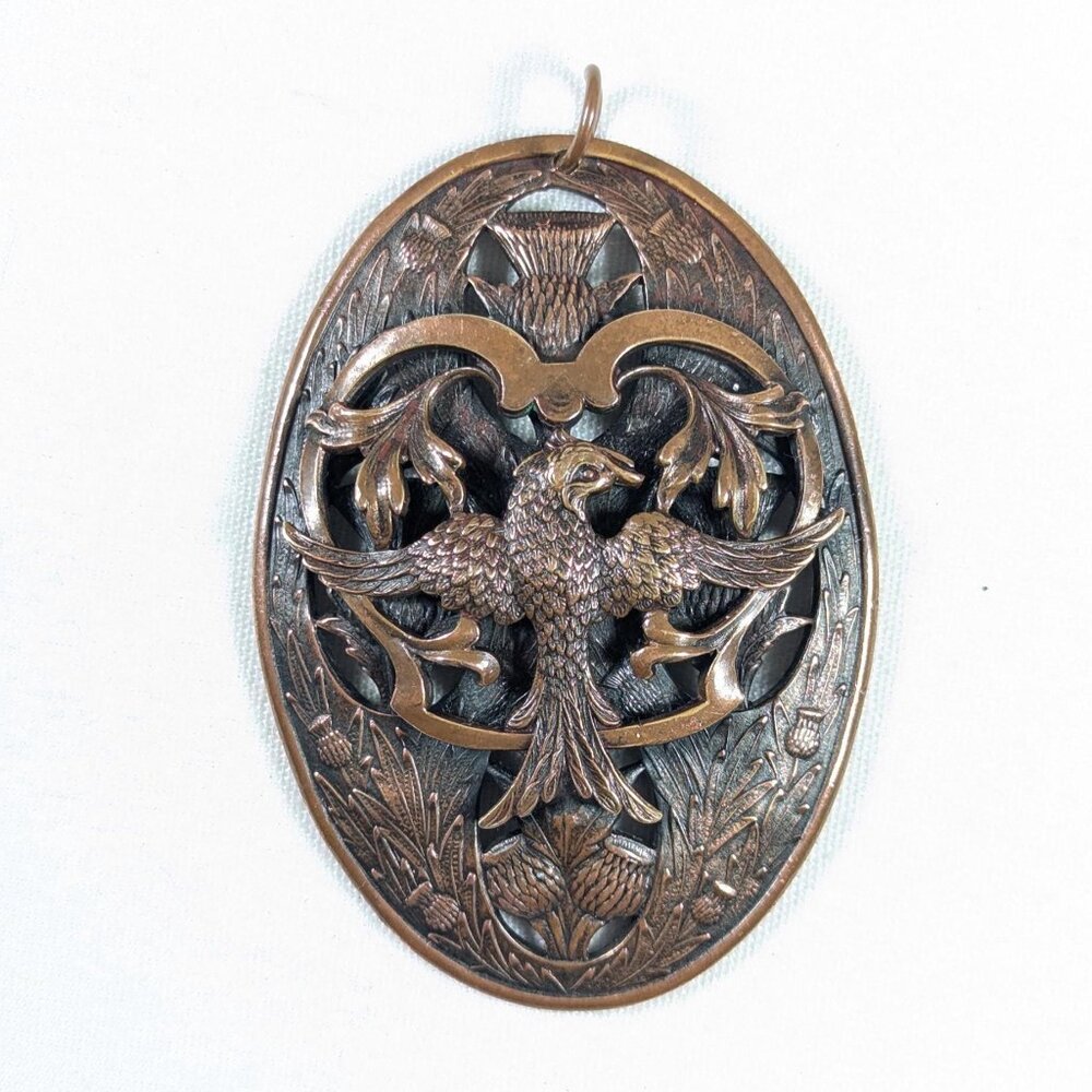Large bronze swallow pendant, ornate copper bird thistle fantasy jewelry
